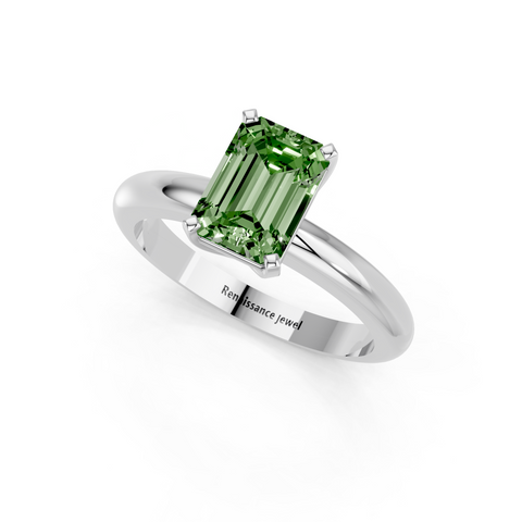 Platinum Fancy Green Emerald  Cut Solitaire Engagement Ring with Round Band and Four-Prong Setting