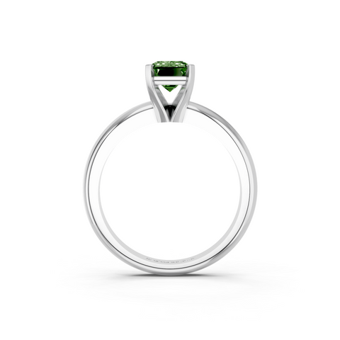 Silver Fancy Green Emerald  Cut Solitaire Engagement Ring with Round Band and Four-Prong Setting