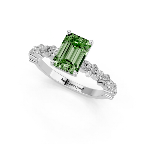 Platinum Fancy Green Emerald  Solitaire with Side Stones, Pave Band, Four-Prong Setting