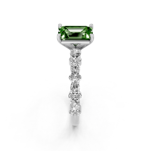 White gold Fancy Green Emerald  Solitaire with Side Stones, Pave Band, Four-Prong Setting