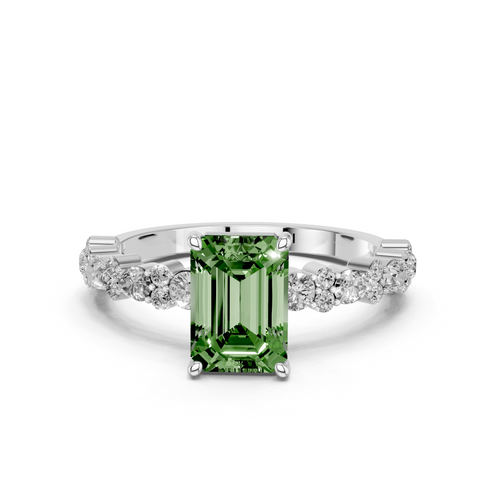 Platinum Fancy Green Emerald  Solitaire with Side Stones, Pave Band, Four-Prong Setting