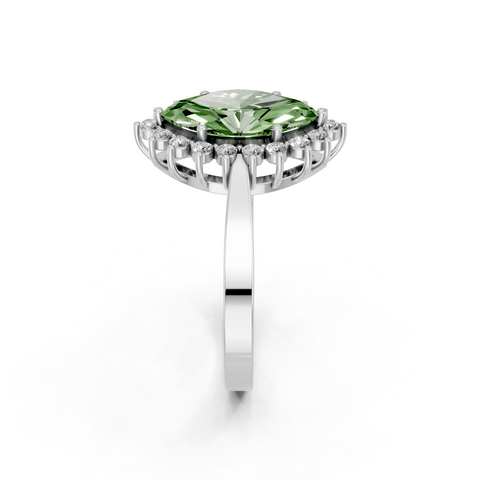 White gold Fancy Green Marquise  Cut Diamond Halo Ring with Round Brilliant Halo and Solitaire Band