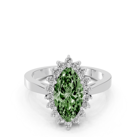 Platinum Fancy Green Marquise  Cut Diamond Halo Ring with Round Brilliant Halo and Solitaire Band