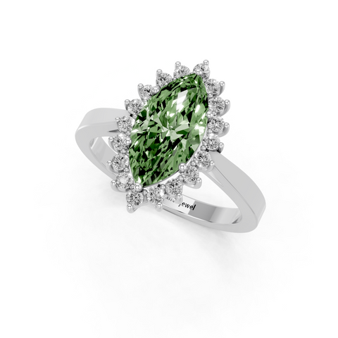 Platinum Fancy Green Marquise  Cut Diamond Pavé Band Solitaire Ring with Four-Prong Setting