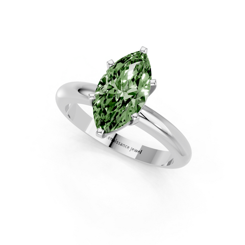 Platinum Fancy Green Marquise  Cut Solitaire Engagement Ring with Round Band and Four-Prong Setting