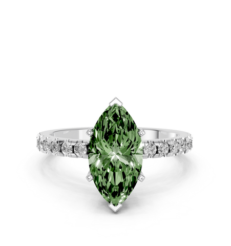 Silver Fancy Green Marquise  Solitaire Diamond Pavé Band with Four-Prong Setting
