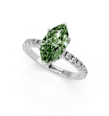 White gold Fancy Green Marquise  Solitaire Diamond Pavé Band with Four-Prong Setting