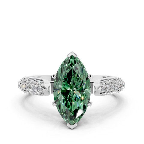 White gold Fancy Green Marquise  Solitaire Pavé Diamond Engagement Ring with Four-Prong Setting
