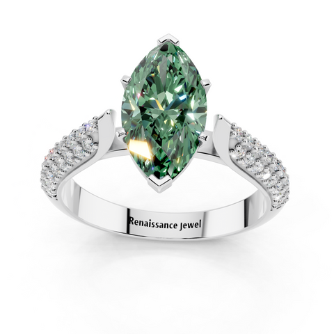 Platinum Fancy Green Marquise  Solitaire Pavé Diamond Engagement Ring with Four-Prong Setting