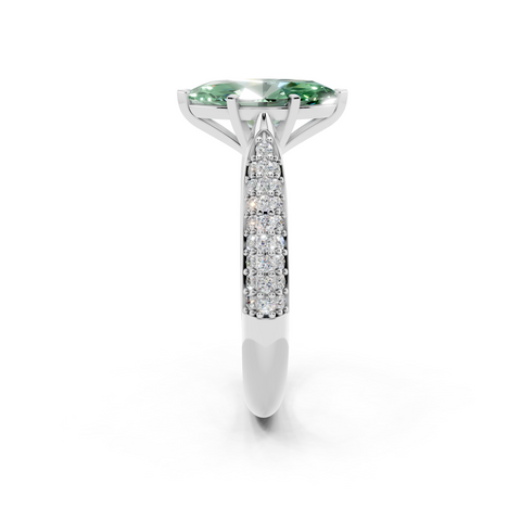 Silver Fancy Green Marquise  Solitaire Pavé Diamond Engagement Ring with Four-Prong Setting