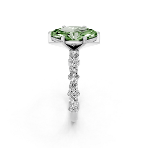 Platinum Fancy Green Marquise  Solitaire with Side Stones, Pave Band, Four-Prong Setting
