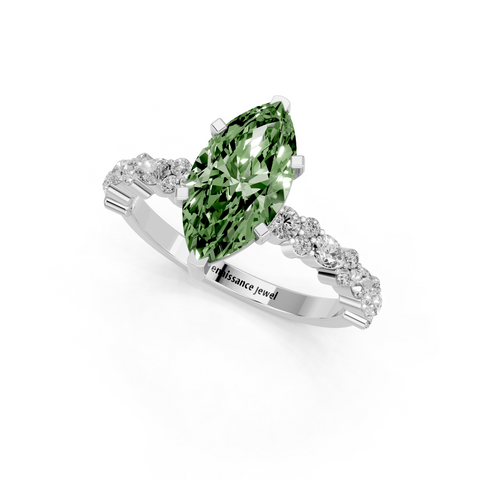 Silver Fancy Green Marquise  Solitaire with Side Stones, Pave Band, Four-Prong Setting