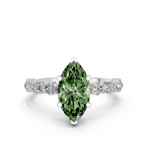 Silver Fancy Green Marquise  Solitaire with Side Stones, Pave Band, Four-Prong Setting