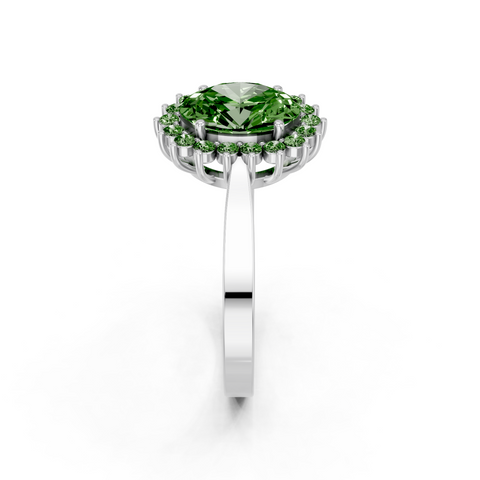 White gold Fancy Green Oval  Cut Diamond Halo Ring with Round Brilliant Halo and Solitaire Band