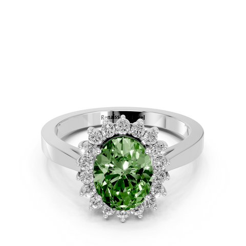 White gold Fancy Green Oval  Cut Diamond Halo Ring with Round Brilliant Halo and Solitaire Band