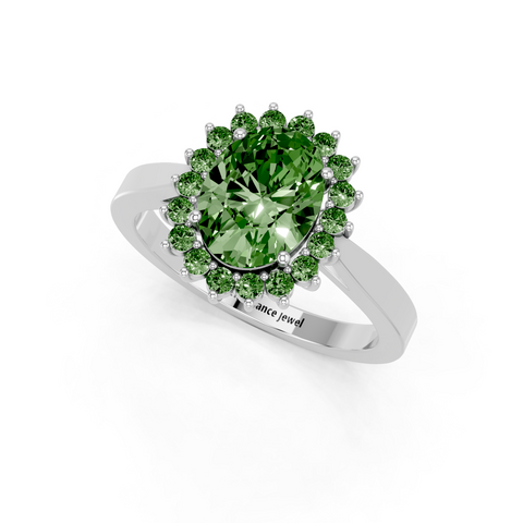 White gold Fancy Green Oval  Cut Diamond Pavé Band Solitaire Ring with Four-Prong Setting