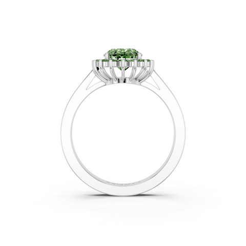 Silver Fancy Green Oval  Cut Diamond Pavé Band Solitaire Ring with Four-Prong Setting