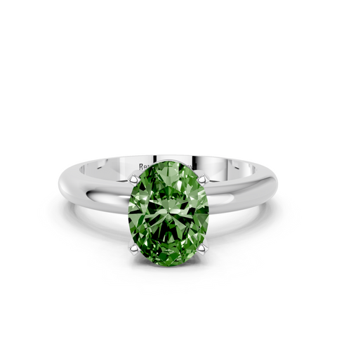 White gold Fancy Green Oval  Cut Solitaire Engagement Ring with Round Band and Four-Prong Setting