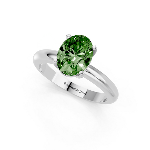 Silver Fancy Green Oval  Cut Solitaire Engagement Ring with Round Band and Four-Prong Setting