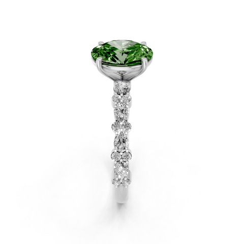 Silver Fancy Green Oval  Solitaire with Side Stones, Pave Band, Four-Prong Setting