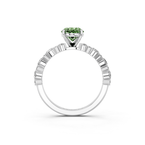 White gold Fancy Green Oval  Solitaire with Side Stones, Pave Band, Four-Prong Setting