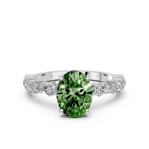 Silver Fancy Green Oval  Solitaire with Side Stones, Pave Band, Four-Prong Setting