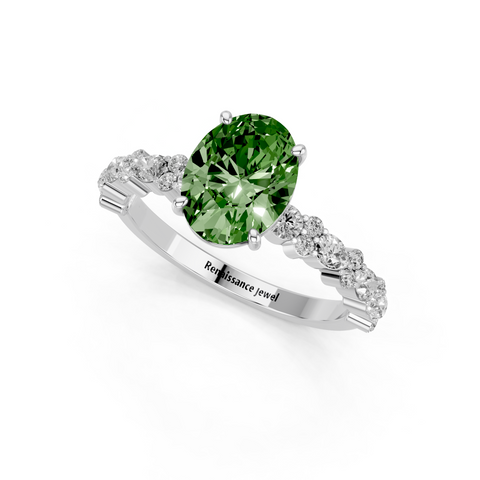 White gold Fancy Green Oval  Solitaire with Side Stones, Pave Band, Four-Prong Setting