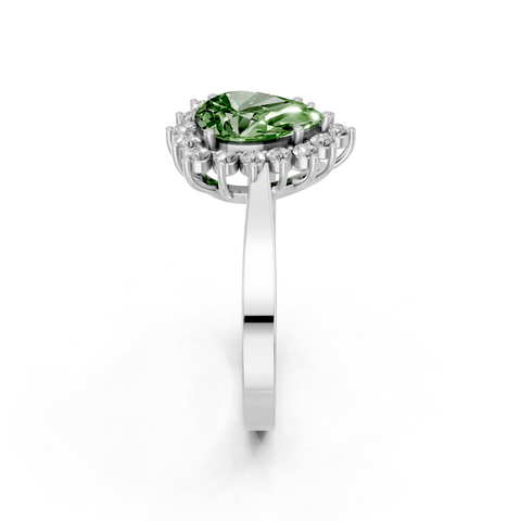 Platinum Fancy Green Pear  Cut Diamond Halo Ring with Round Brilliant Halo and Solitaire Band