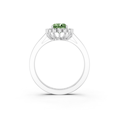 Silver Fancy Green Pear  Cut Diamond Halo Ring with Round Brilliant Halo and Solitaire Band