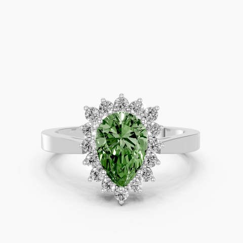 Platinum Fancy Green Pear  Cut Diamond Halo Ring with Round Brilliant Halo and Solitaire Band