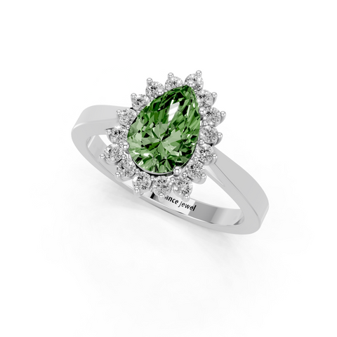 Platinum Fancy Green Pear  Cut Diamond Pavé Band Solitaire Ring with Four-Prong Setting