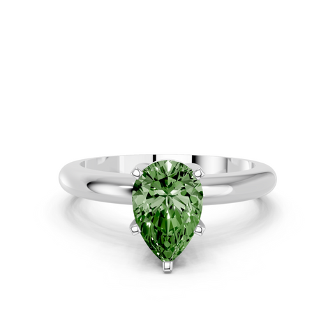 Silver Fancy Green Pear  Cut Solitaire Engagement Ring with Round Band and Four-Prong Setting