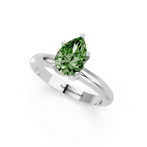 Platinum Fancy Green Pear  Cut Solitaire Engagement Ring with Round Band and Four-Prong Setting