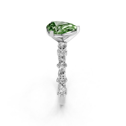White gold Fancy Green Pear  Solitaire with Side Stones, Pave Band, Four-Prong Setting