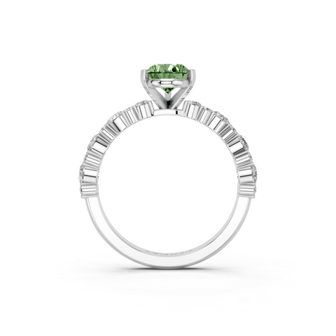 Silver Fancy Green Pear  Solitaire with Side Stones, Pave Band, Four-Prong Setting