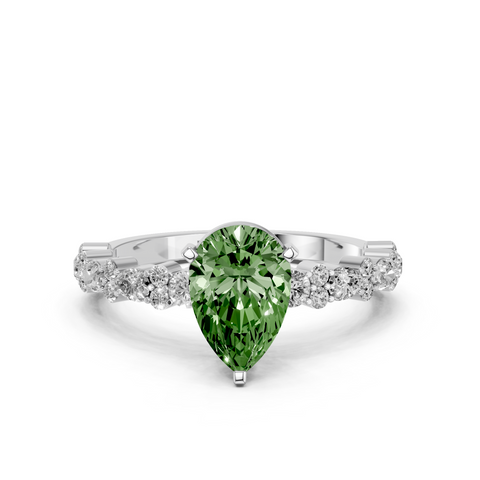 Silver Fancy Green Pear  Solitaire with Side Stones, Pave Band, Four-Prong Setting