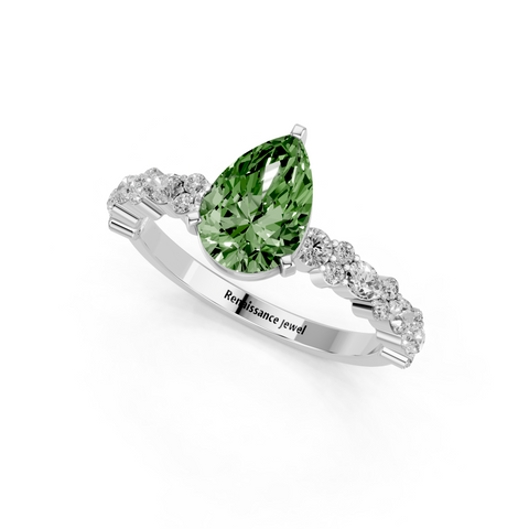 Silver Fancy Green Pear  Solitaire with Side Stones, Pave Band, Four-Prong Setting