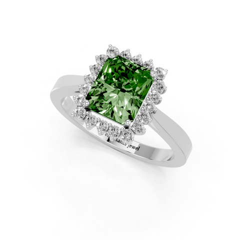 Silver Fancy Green Radiant  Cut Diamond Halo Ring with Round Brilliant Halo and Solitaire Band