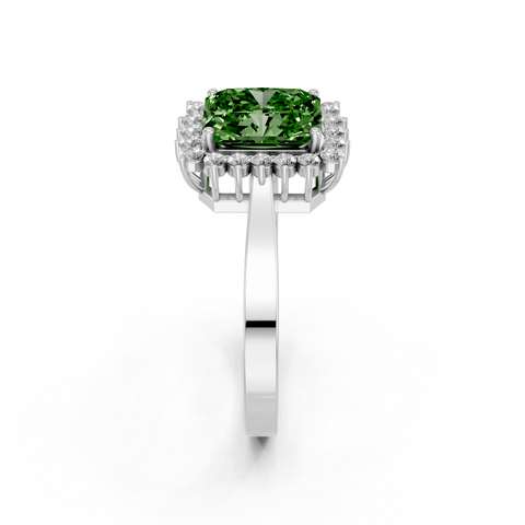 White gold Fancy Green Radiant  Cut Diamond Halo Ring with Round Brilliant Halo and Solitaire Band