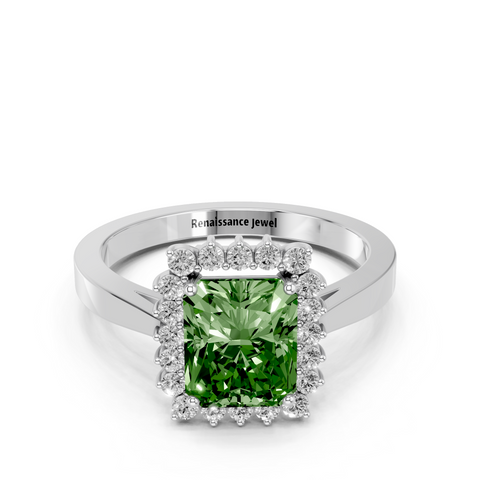 White gold Fancy Green Radiant  Cut Diamond Halo Ring with Round Brilliant Halo and Solitaire Band