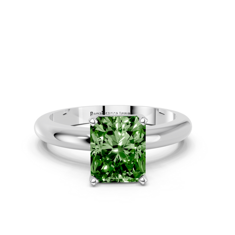 White gold Fancy Green Radiant  Cut Solitaire Engagement Ring with Round Band and Four-Prong Setting