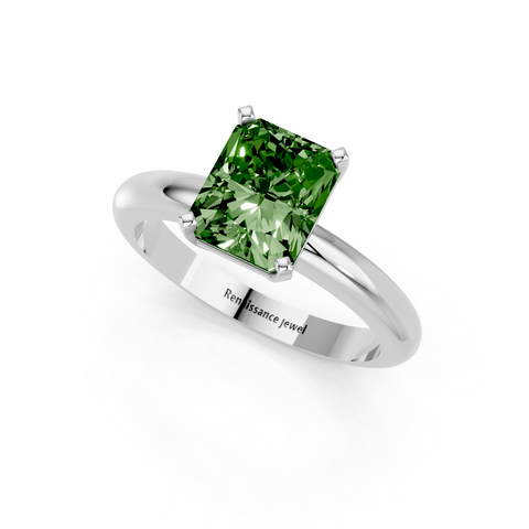 Silver Fancy Green Radiant  Cut Solitaire Engagement Ring with Round Band and Four-Prong Setting