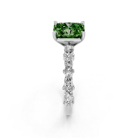 Silver Fancy Green Radiant  Solitaire with Side Stones, Pave Band, Four-Prong Setting