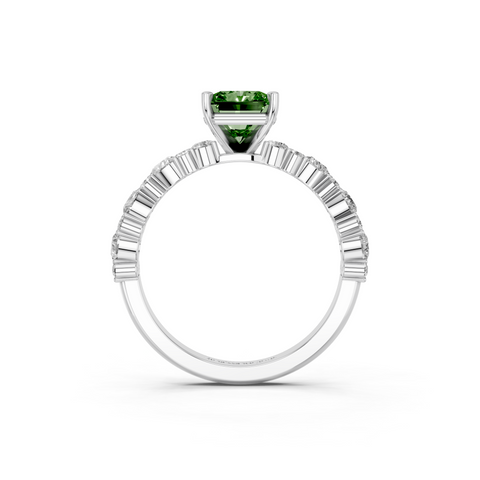 Silver Fancy Green Radiant  Solitaire with Side Stones, Pave Band, Four-Prong Setting
