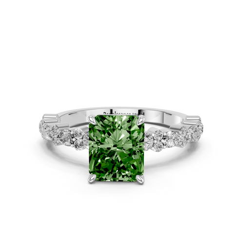 Platinum Fancy Green Radiant  Solitaire with Side Stones, Pave Band, Four-Prong Setting