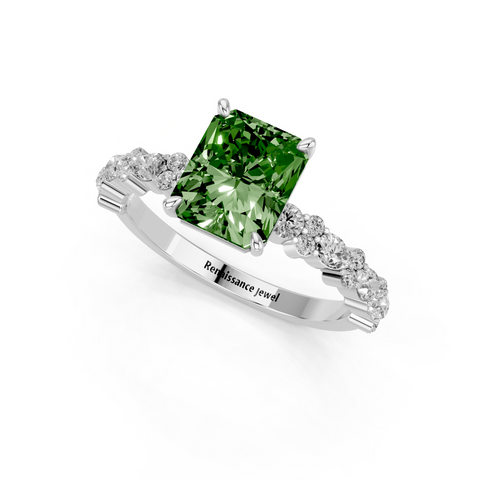 Silver Fancy Green Radiant  Solitaire with Side Stones, Pave Band, Four-Prong Setting