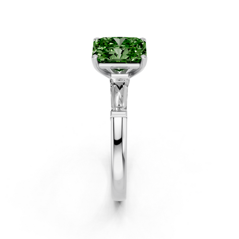 Platinum Fancy Green Radiant  Solitaire with Tapered Baguette Side Stones on a Classic Band with Four-Prong Setting