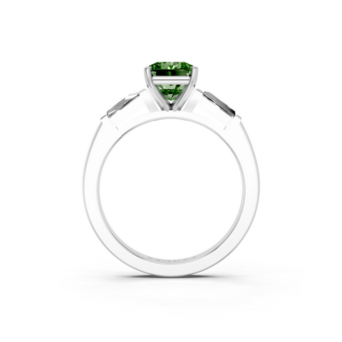 Silver Fancy Green Radiant  Solitaire with Tapered Baguette Side Stones on a Classic Band with Four-Prong Setting