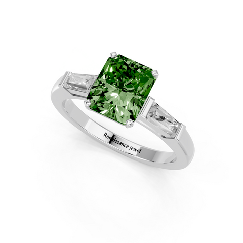 White gold Fancy Green Radiant  Solitaire with Tapered Baguette Side Stones on a Classic Band with Four-Prong Setting