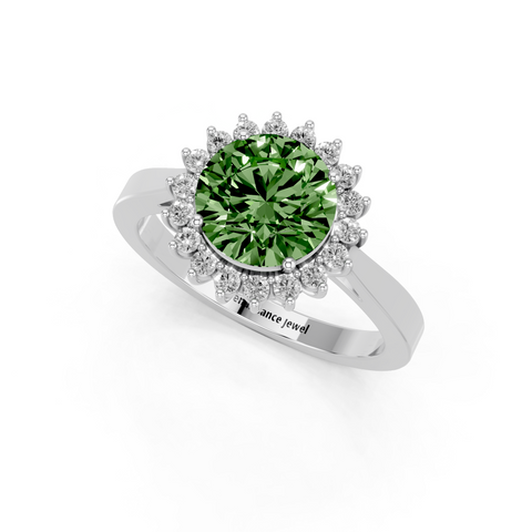 Silver Fancy Green Round  Cut Diamond Halo Ring with Round Brilliant Halo and Solitaire Band